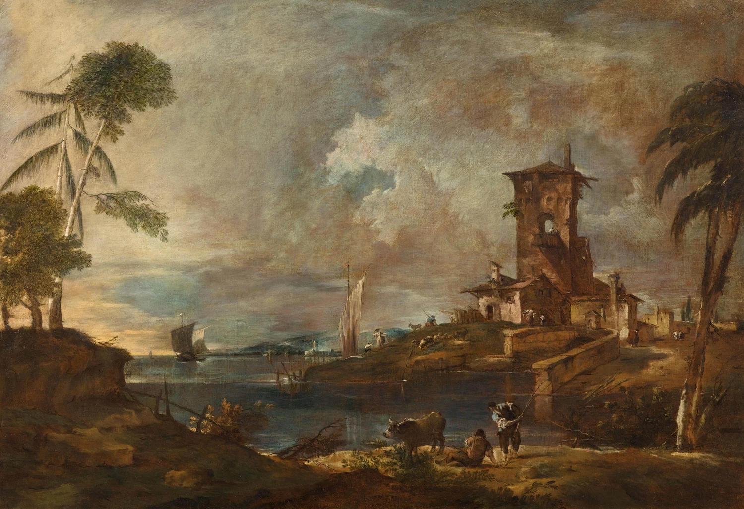 Capriccio veneziano con torre, pastori e pecore